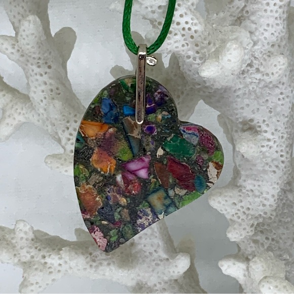 Multicolor Sea Sediment Jasper & Pyrite Heart on an Angle Pendant Agate Necklace - Picture 5 of 14